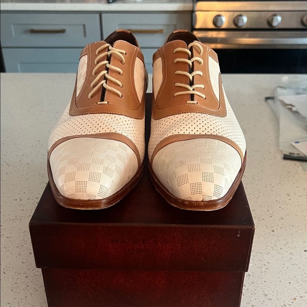 Mezlan Two-Tone Perforated Leather Oxfords - Cream & Tan